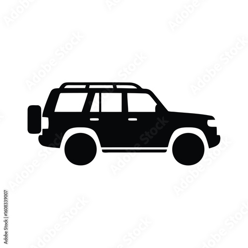Black silhouette of an suv with a roof rack and spare tire