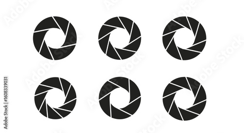 Set of Six Black Camera Aperture Icons on White