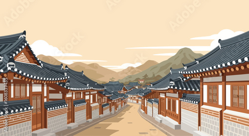 Traditional Korean Hanok Village Street Pixel Art