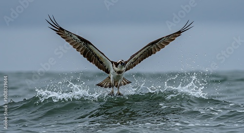 An osprey in flight, capturing the raw power and grace of nature as it emerges from the water. 