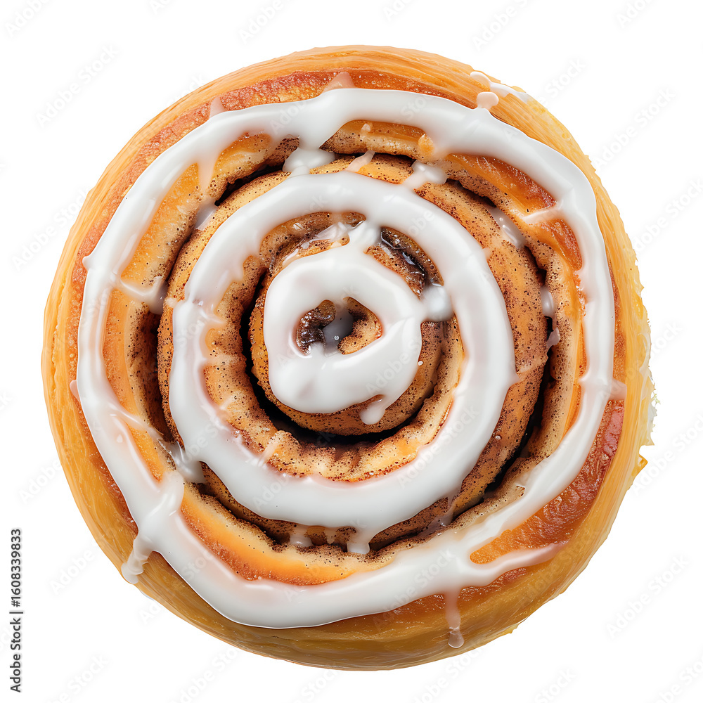 Fototapeta premium A freshly baked cinnamon roll topped with a generous swirl of white icing.