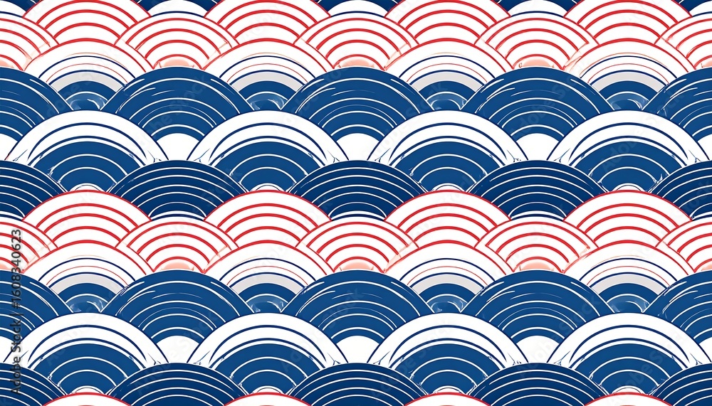 Repeating wave pattern in navy blue, red, and white. Layered, arched shapes create a textured, traditional design Repeating wave pattern in navy blue, red, and white. Layered, arched shapes create a textured, traditional design