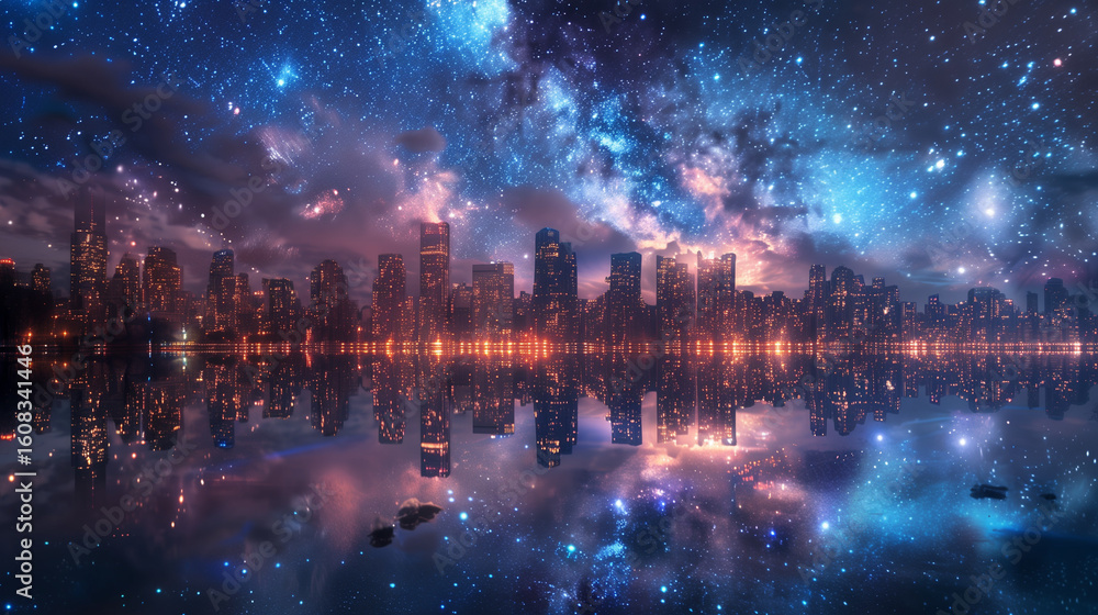 Fototapeta premium City Skyline Reflected in Lake with Starry Sky
