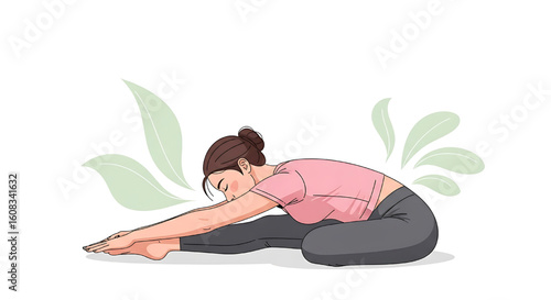 A flat vector illustration of a woman doing a forward bend yoga stretch, promoting wellness and flexibility.
