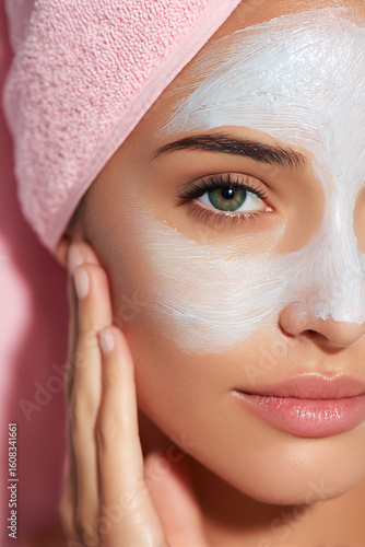Soft-focus close-up of a woman applying beauty mask