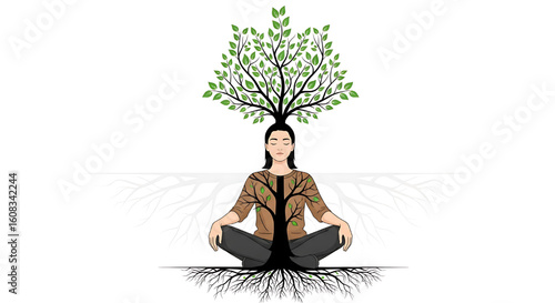 An illustration of a person in a yoga pose with a large, green tree growing from their head.