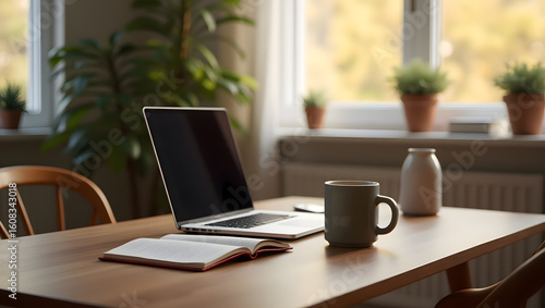 home office or study setup with a laptop, notebook, and coffee mug on a wooden table