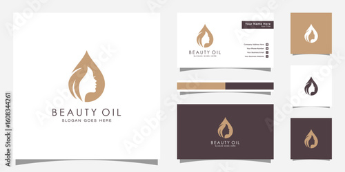 woman beauty oil logo design with woman face and olive oil design template and business card