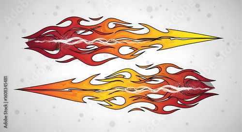 Two fiery, flaming comets or tribal-style tattoo shapes, isolated on a white background.