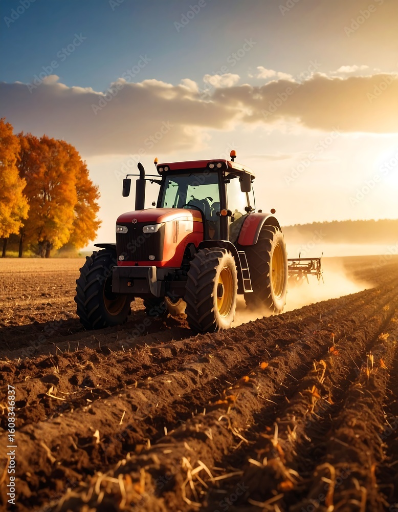 Obraz premium Tractor plowing field at sunset (3)