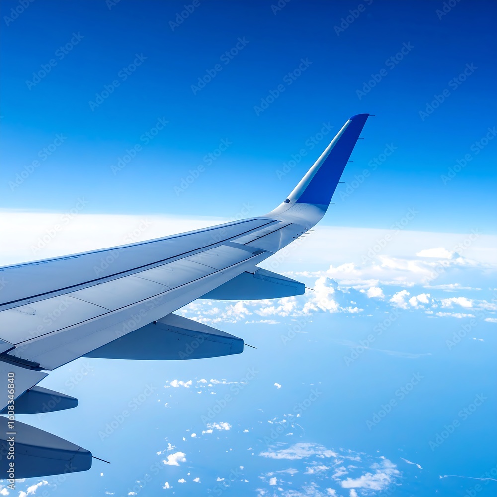 Airplane wing, clouds, and blue sky Airplane wing, clouds, and blue sky