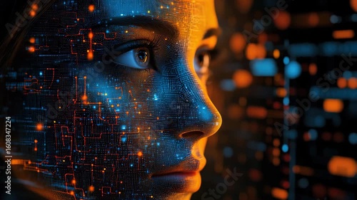 Futuristic woman face with circuit board pattern showcasing advanced technology and ai integration