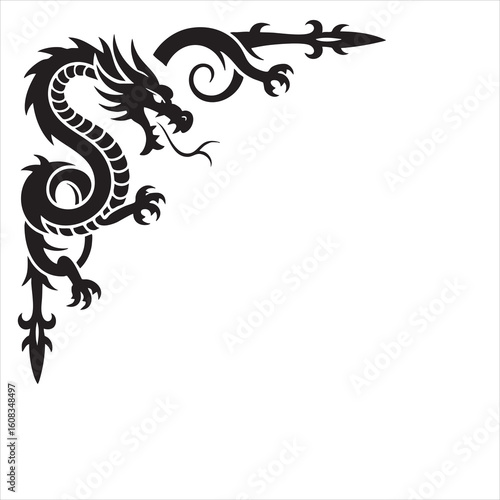 Intricate black dragon design forming an ornate corner flourish on a white background