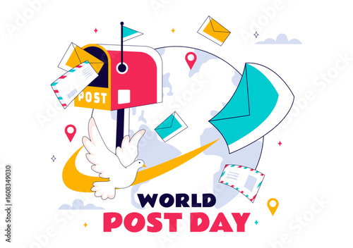 World Post Day Vector Illustration on October 9, Featuring a Red Mailbox Receiving Mail, Letters, and Parcels in a Flat Style Cartoon Background