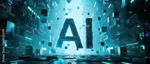 Illuminated Text 'AI' in a Futuristic Server Room, Representing Advanced Computing and Machine Learning Development