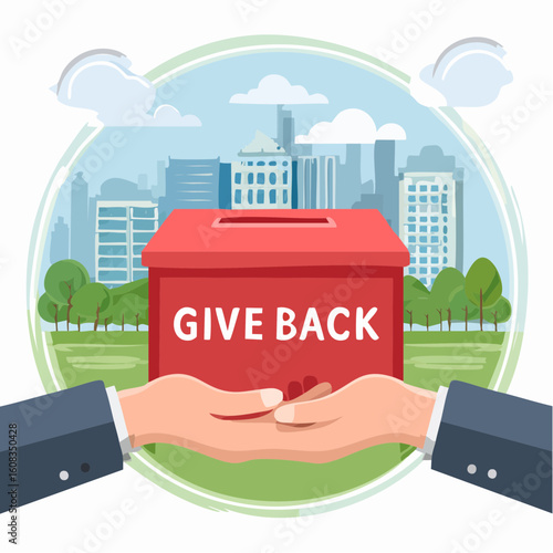 Hands holding a red donation box labeled "GIVE BACK" with a city skyline and park in the background, symbolizing charitable giving and community support.