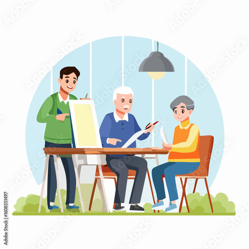 A young instructor guides an elderly man and woman during a learning workshop or class.