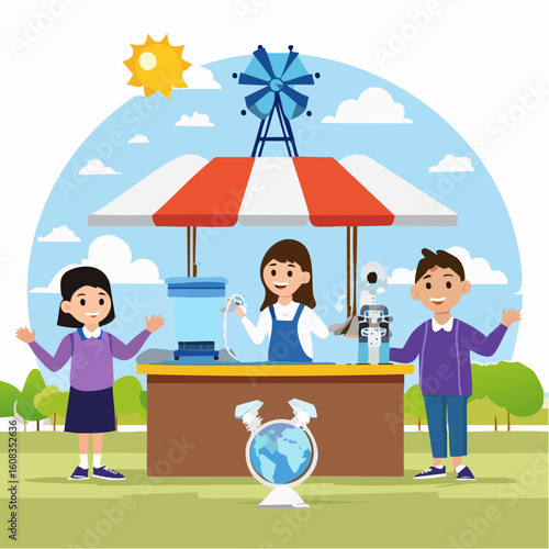 Children at an outdoor science fair showcasing technology like a 3D printer and robot.