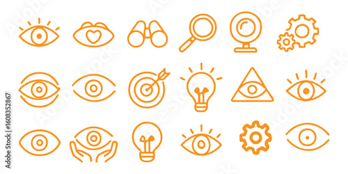 Eye vision icon vector set. Containing telescope, magnifier, search, eyesight, webcam, cctv camera, binocular, no, light bulb, core value, accuracy target, visible, invisible, blind, find setting