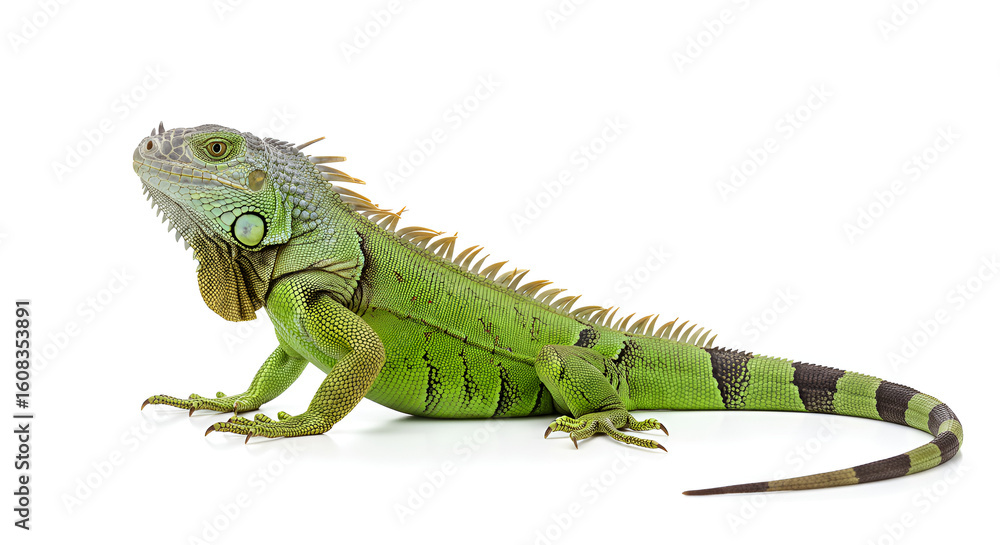 Fototapeta premium A green iguana resting on a clean white background. The reptile's vivid scales and detailed texture are clearly visible in this studio shot.