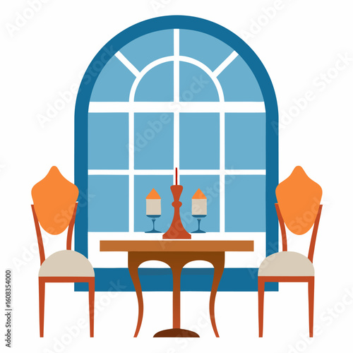A luxurious home interior design scene featuring a wooden dining table, stylish chairs vector on white background.