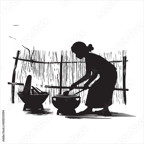 Silhouette of a woman cooking over a fire in a rural village setting