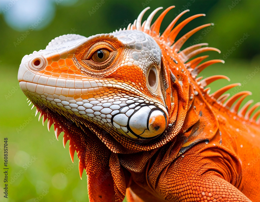 Fototapeta premium Vivid Iguana Observing Nature Tropical Habitat Wildlife Photography Lush Greenery Close-Up Iguana's Colorful Features