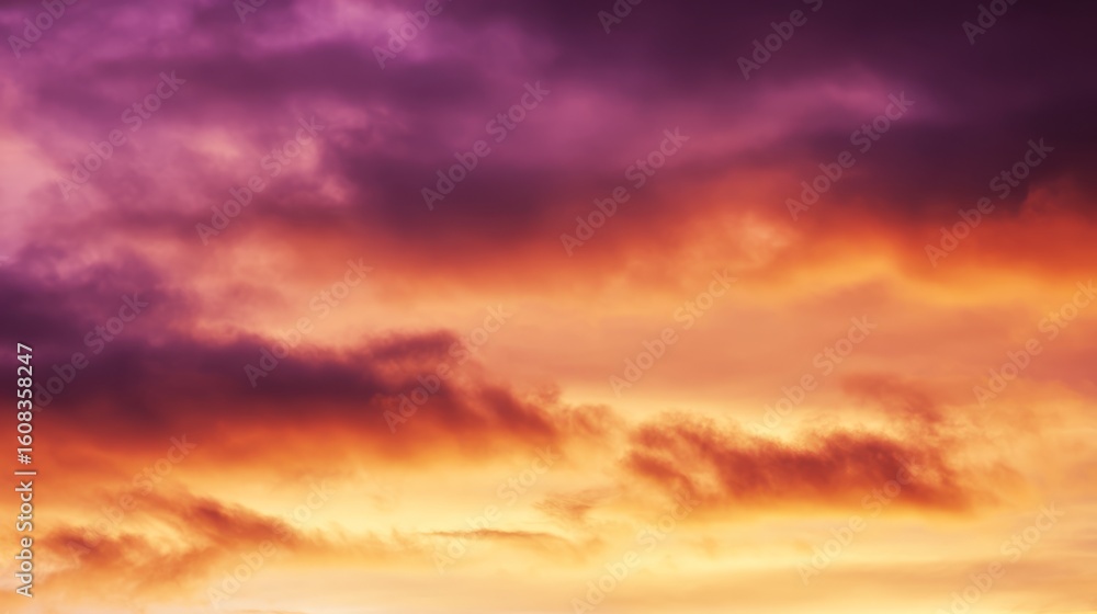 Obraz premium Dramatic sunrise with gradient orange and purple clouds, creating a panoramic abstract sky view. 