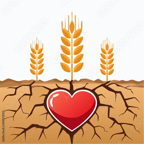 A vibrant red heart nourishes golden wheat, allowing it to grow through dry, cracked soil.