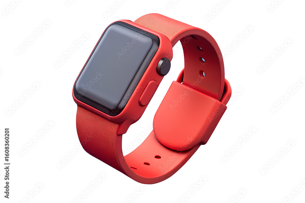 A close up of a red smart watch with a black screen and red band on a white background display. A close up of a red smart watch with a black screen and red band on a white background display.