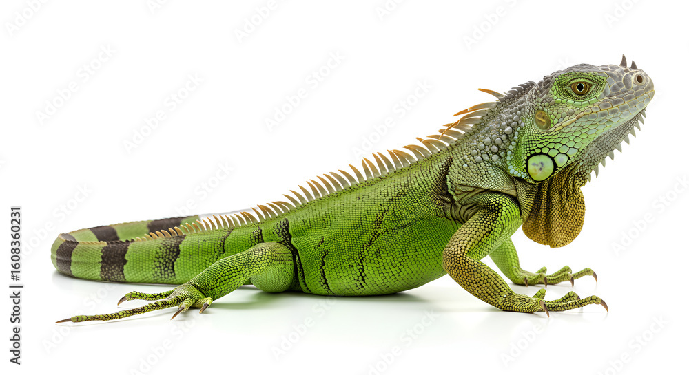 Fototapeta premium A green iguana resting on a clean white background. The reptile's vivid scales and detailed texture are clearly visible in this studio shot.