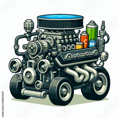 Whimsical, highly detailed depiction of a modified engine, presented in a cartoonish style. The engine is mounted on small wheels and is fitted with various accessories.