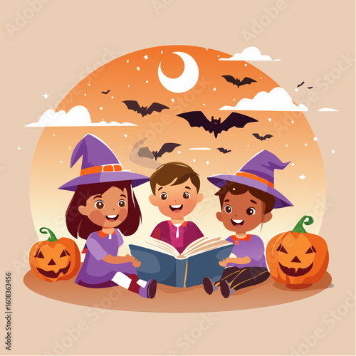 Three diverse children in witch hats read a book together on Halloween night with pumpkins and bats.