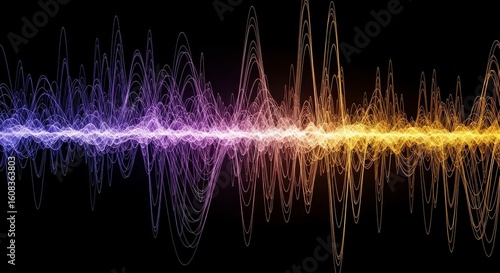 Abstract Digital Visualization of Energetic Sound Waves and Data Signals, Illustrating Advanced Technology and Vibrational Energy Flow.