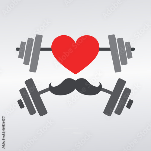A creative graphic combining barbells with a red heart and a black mustache, symbolizing a love for fitness.