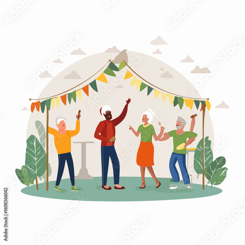 A diverse group of happy senior friends dancing together at an outdoor party under a colorful garland.