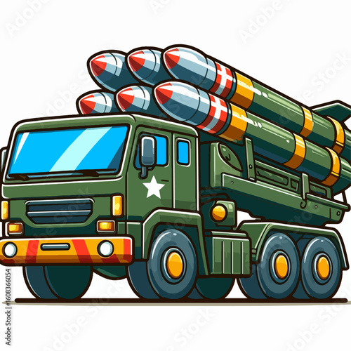 Stylized illustration of a military truck carrying multiple missiles, presented in a cartoon-like manner.
