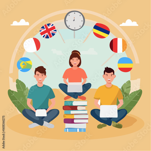 Young students learning foreign languages online with laptops, surrounded by various flags.