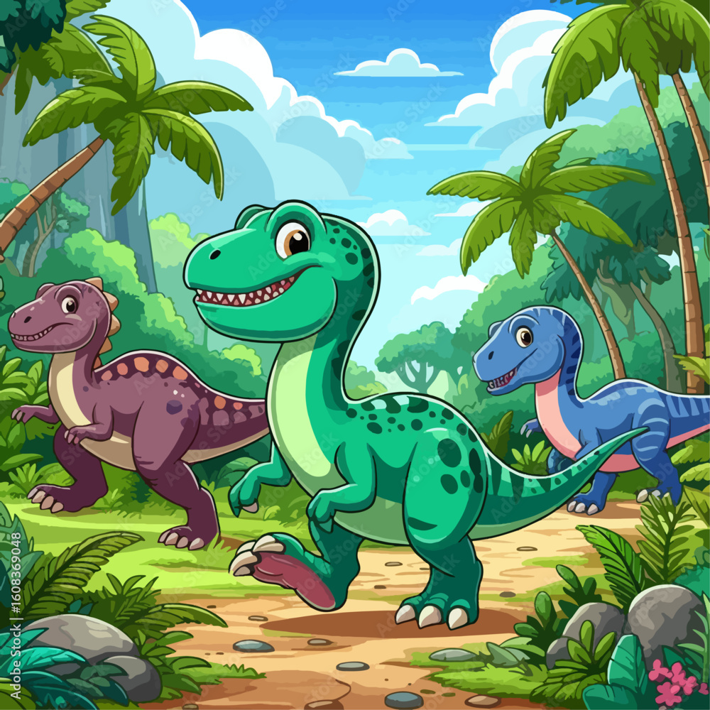 Naklejka premium Whimsical cartoon depiction of three small dinosaurs exploring a tropical jungle. The scene is bright and vibrant, emphasizing the friendly nature of the prehistoric characters.
