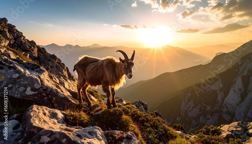Mountain goat at sunset