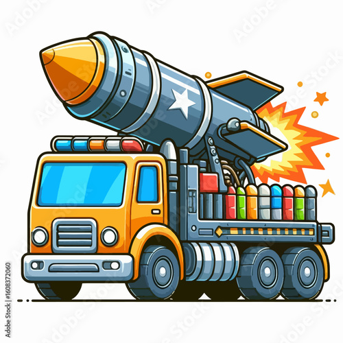 Cartoon representation of a truck carrying a missile.  Colorful explosions accompany the rocket launch.