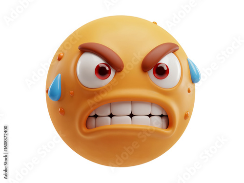 Close up of a furious yellow emoji face with furrowed brows and bared teeth isolated on transparent background