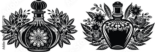 Vintage Floral Perfume Bottles Vector for Coloring Page.