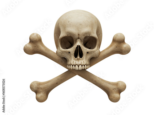 Realistic 3d rendered human skull and crossbones symbol isolated on transparent background