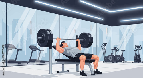 A man lying on a bench lifting a barbell in a gym with treadmills and stationary bikes