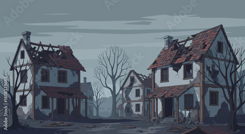 Abandoned village with derelict houses and bare trees