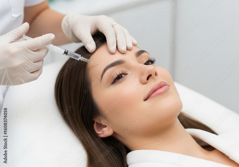 Naklejka premium Cosmetic Botox Injection on Forehead at Aesthetic Clinic