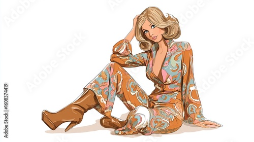 and keyword list based on the image, trying to adhere to your requirements

 Stylish Woman Poses Seated in Orange Jumpsuit With Boots on White Background.