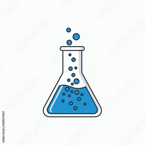 Beaker with blue liquid and bubbles rising from it