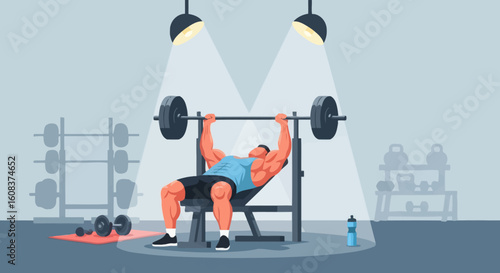 Bench press with barbell and lights in gym with other weights